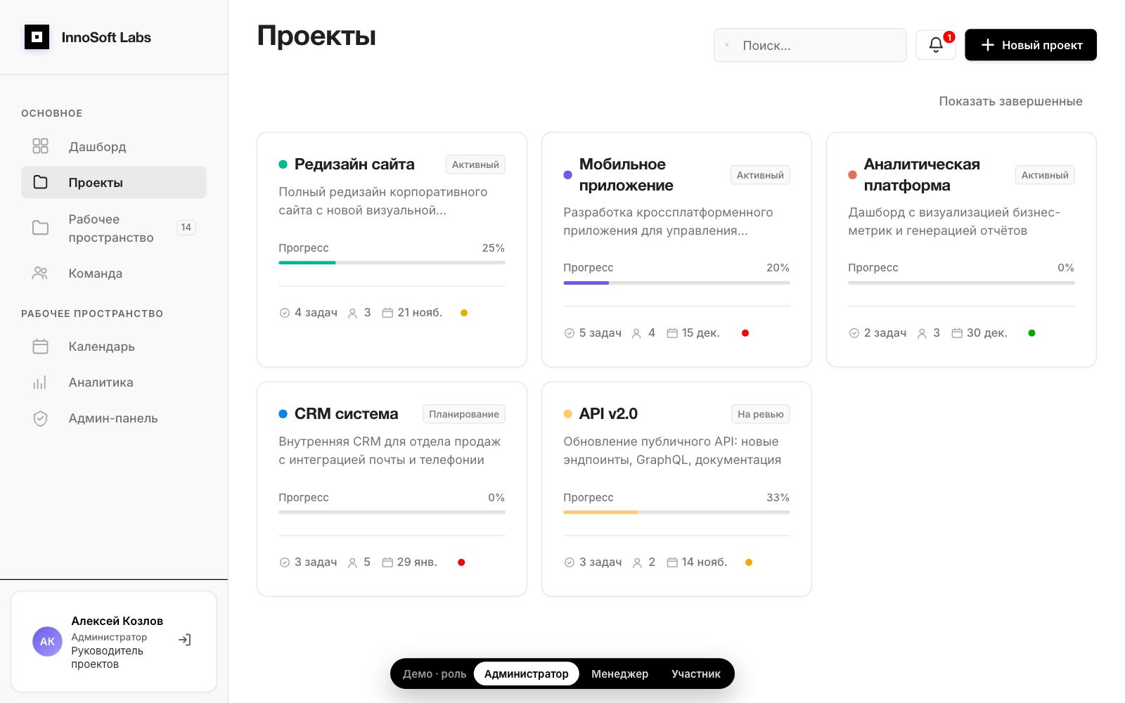 Экран проектов с прогрессом и сроками